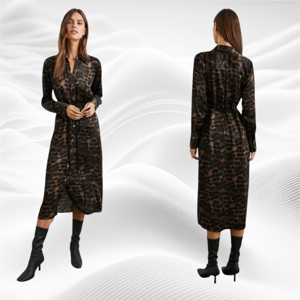 Rails‎ Anina Umber Leopard Shirt Dress Size XS Satin Midi Long Sleeve￼Trendy